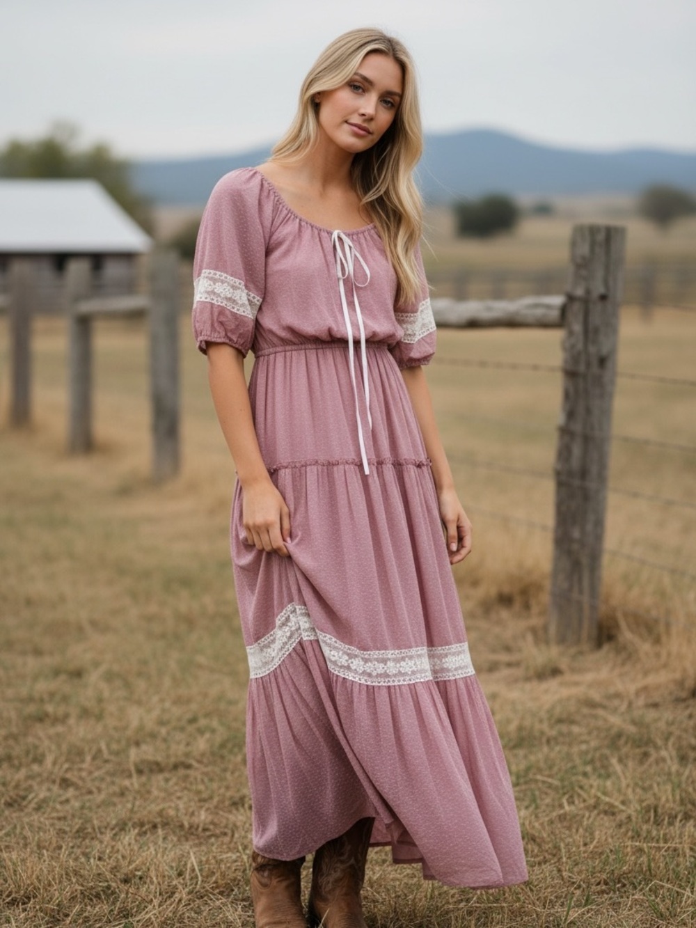 VTG Roberta California Prairie Maxi Dress Swiss Dot Lace Coquette Cottagecore